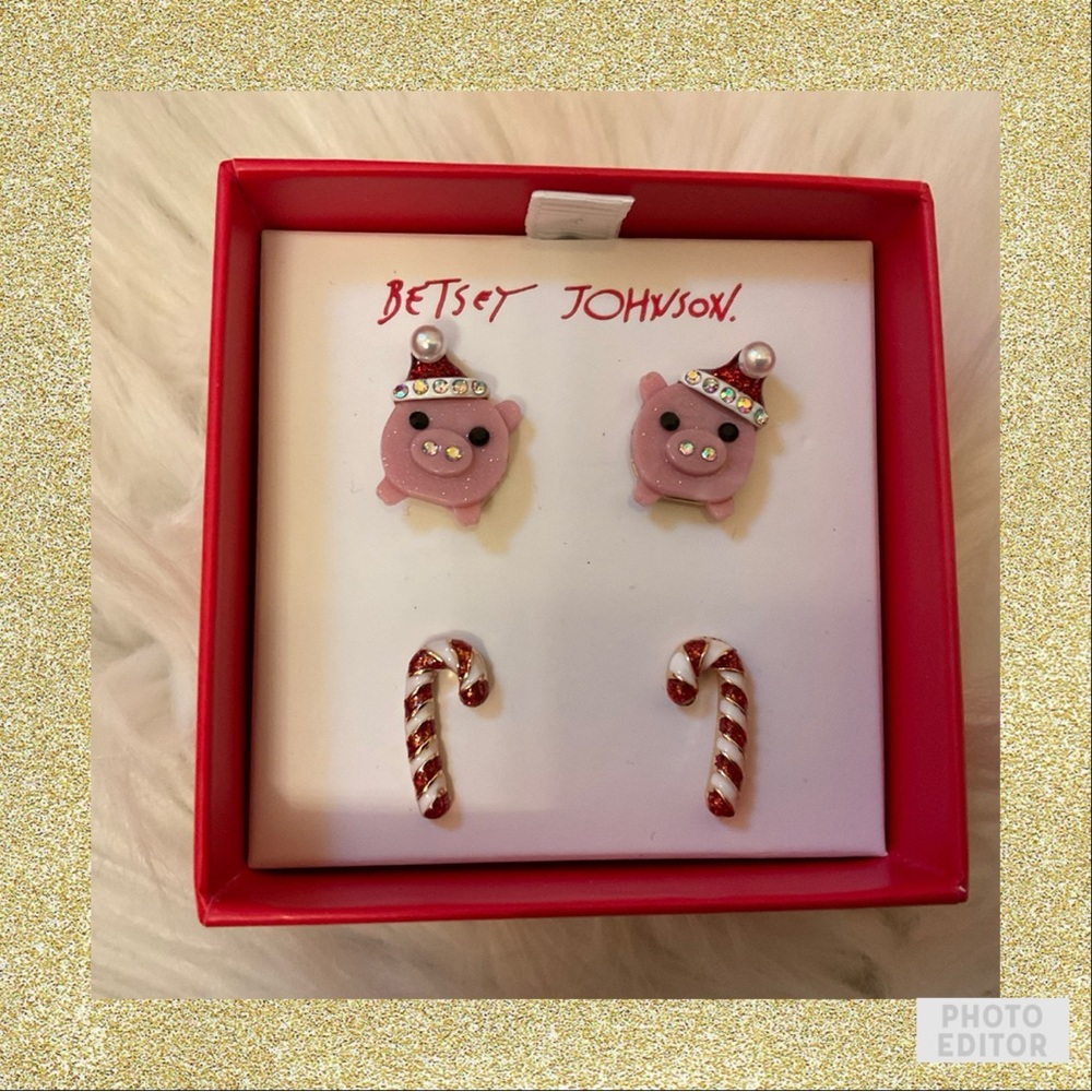 Betsey Johnson Pig with Santa Hat & Candy Cane Earrings Set - New in Box